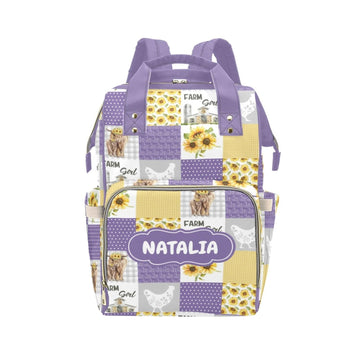 Personalized Highland Cow Purple Diaper Bag with Name - Custom Baby Bag, Nursing Tote Backpack for Mom, Custom Name Mommy Daypac