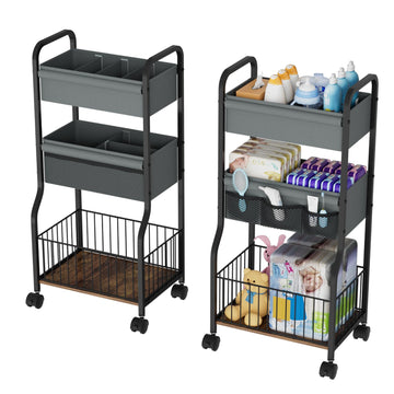 NEYCIL 3-tier Baby Diaper Caddy Organizer and Storage Cart with 4+3 Dividers, Metal Utility Cart with Lockable Wheels for Nurser