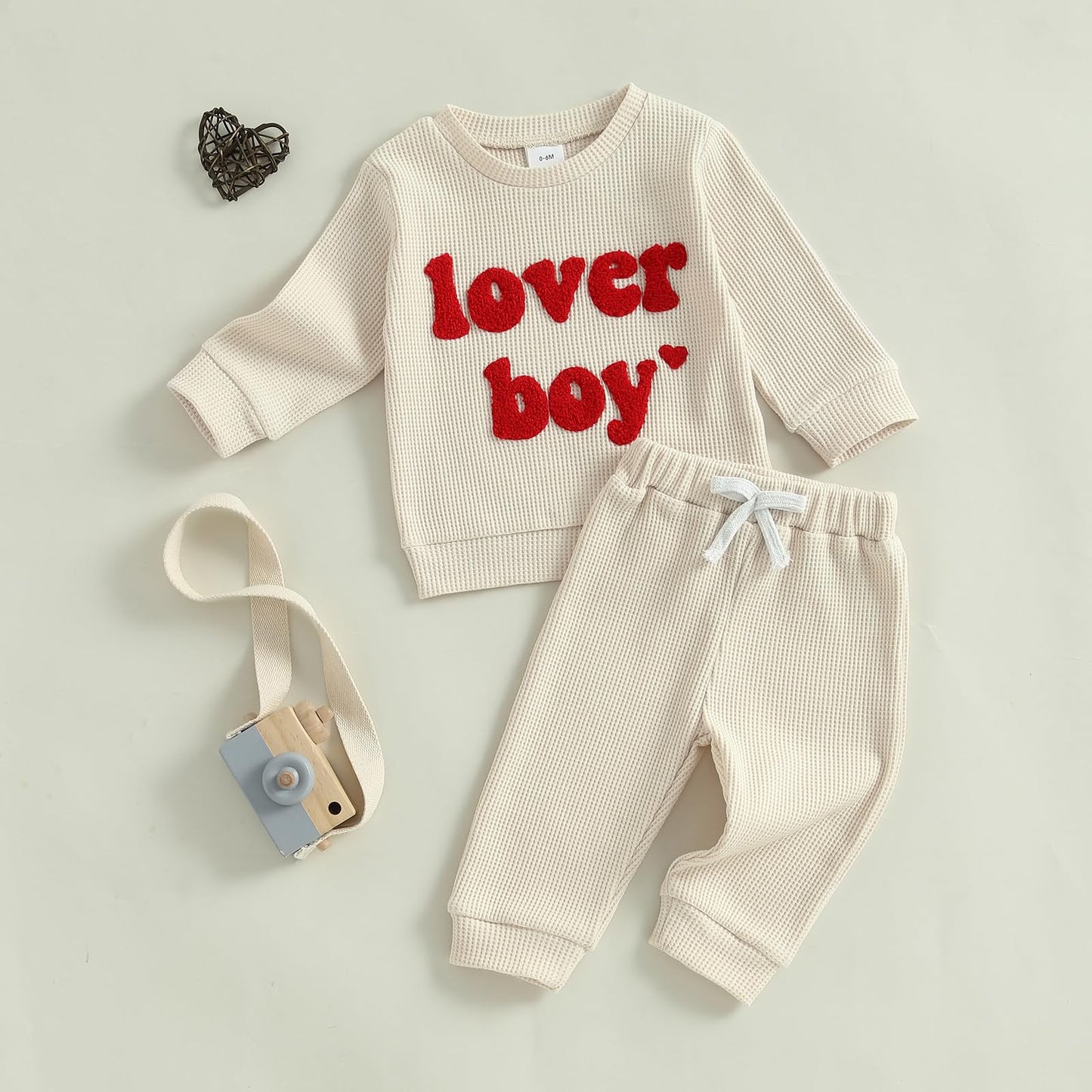 Nibbcoa Toddler Baby Boy Valentines Day Outfit Love Embroidery Waffle Knit Sweatshirt Pants Set Cute Spring Fall Clothes (Aprico