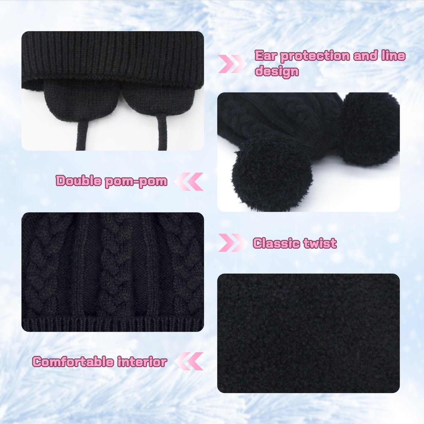 Duoyeree Toddler Winter Hat With Earflap Scarf Hood Thick Warm Kids Skull Cap For Baby Girls Boys Black