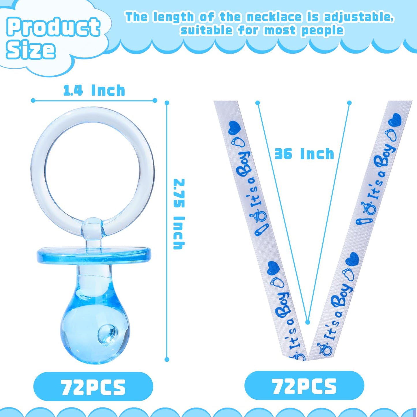 72 Baby Shower Pacifiers Necklace, Acrylic Pacifier Necklace, Cute Pacifier Necklace For Baby Shower Boys Girls Party Favors Cha