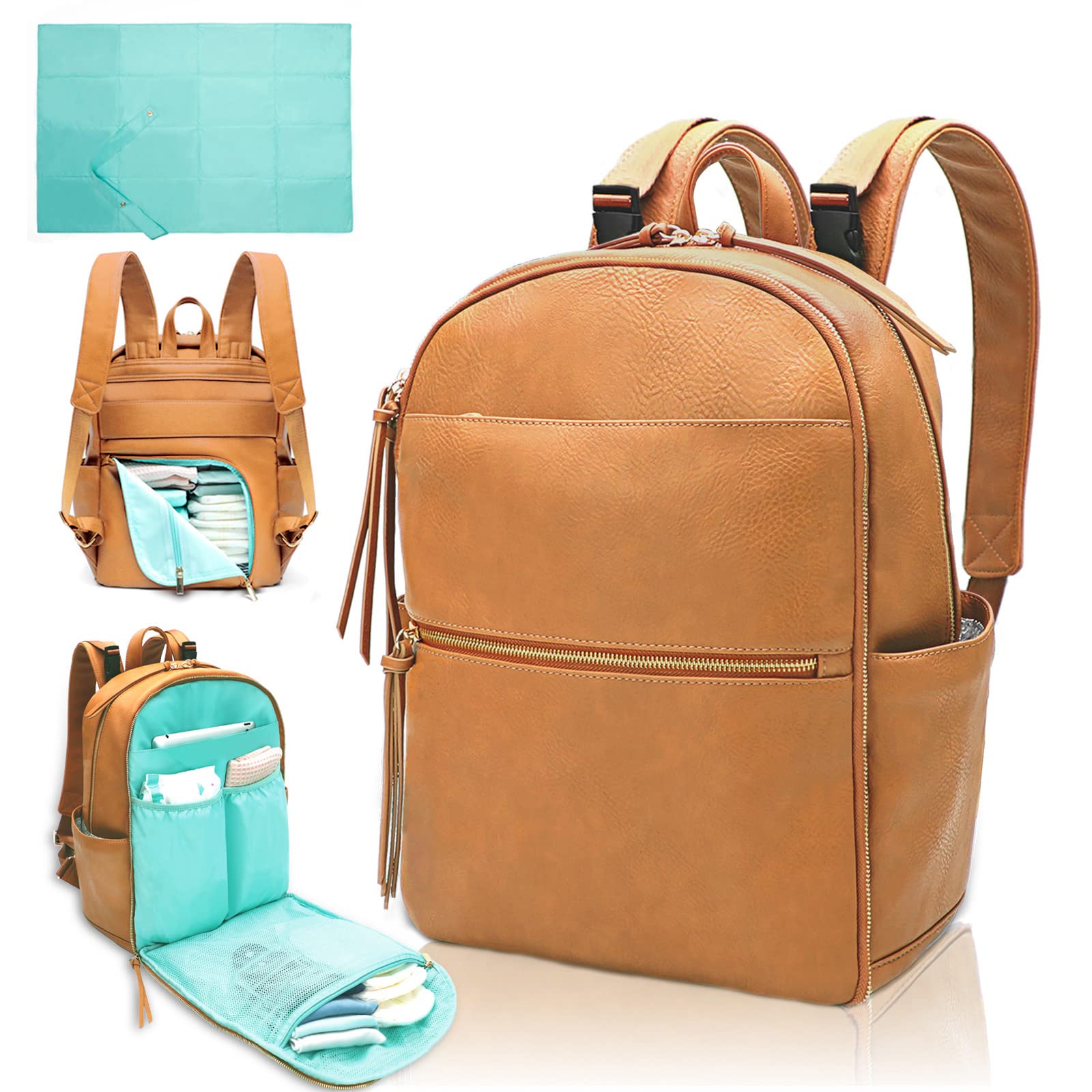 Mominside Diaper Bag Backpack With 6 Insulated Pockets, Leather Baby Bag For Mom Dad, Baby Registry, 18 Pockets, Changing Pad, S