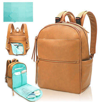 Mominside Diaper Bag Backpack With 6 Insulated Pockets, Leather Baby Bag For Mom Dad, Baby Registry, 18 Pockets, Changing Pad, S