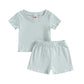 Kupretty 2Pcs Toddlers Baby Girls Summer Clothes Set Ruffle Ribbed Short Sleeves T-Shirt Tops Shorts Comfy Outfits (Blue, 18-24