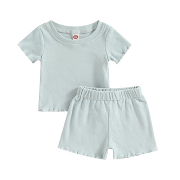 Kupretty 2Pcs Toddlers Baby Girls Summer Clothes Set Ruffle Ribbed Short Sleeves T-Shirt Tops Shorts Comfy Outfits (Blue, 18-24