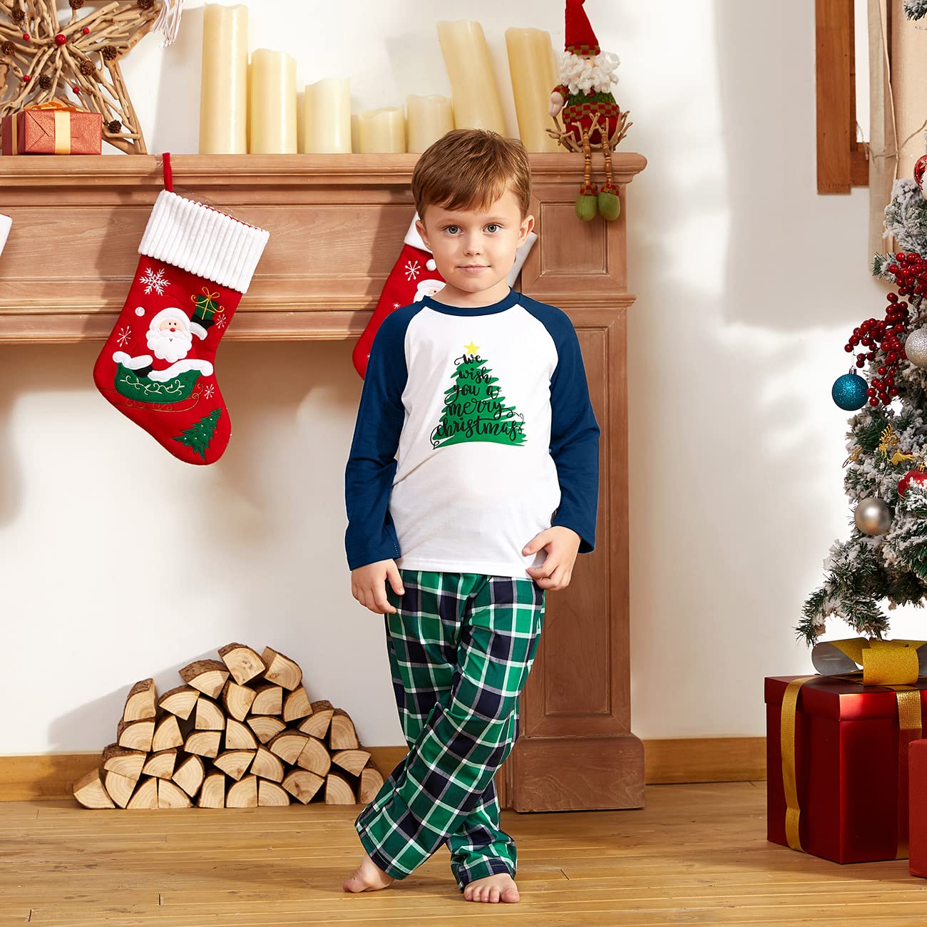Iffei Family Christmas Pajamas Matching Sets Tree Printed Shirt And Plaid Pants Jammies With Pockets 4-5 Years