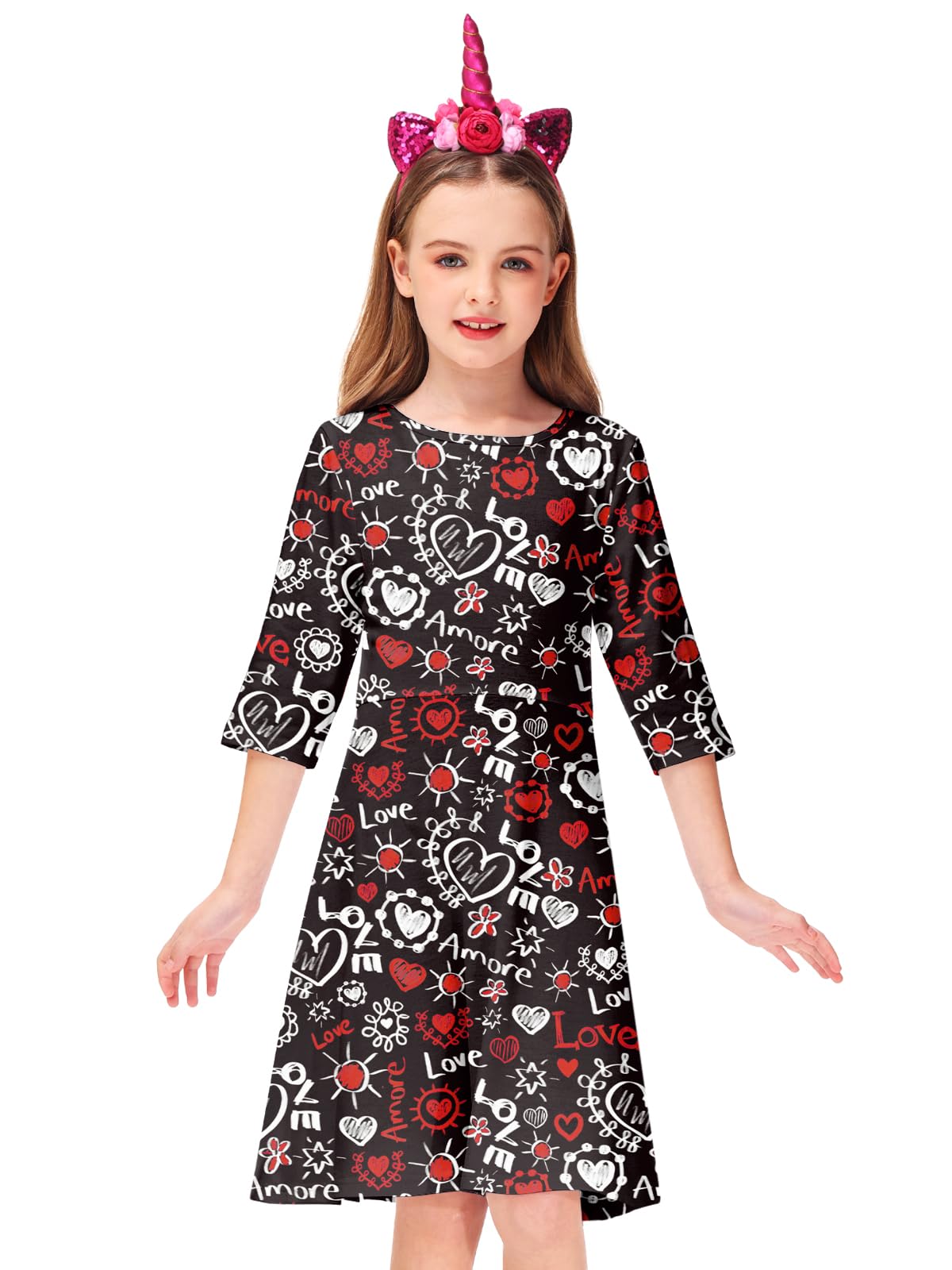 Girls Valentine Dresses Fancy Festival Graphic Printed Casual Family Party Cotton A-Line Dress 5-6 Years