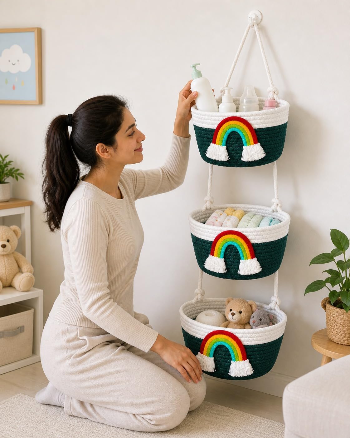 Sharma 3Tier Hanging Rope Basket Organiser with Rainbow Tassel Decor
