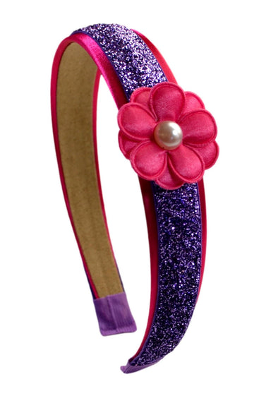 Funny Girl Designs Purple Glitter Headband With Pink Daisy Flower For Preschoolers And Little Girls