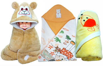 BRANDONN Newborn Hooded Supersoft Wrapper Cum Towel Cum Baby Blanket for Babies Pack of 3