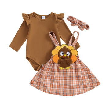 Doisbetthsay Thanksgiving Baby Girl Outfit My First Thanksgiving Infant Long Sleeve Romper Suspender Skirt Set 3Pcs (Thanksgivin