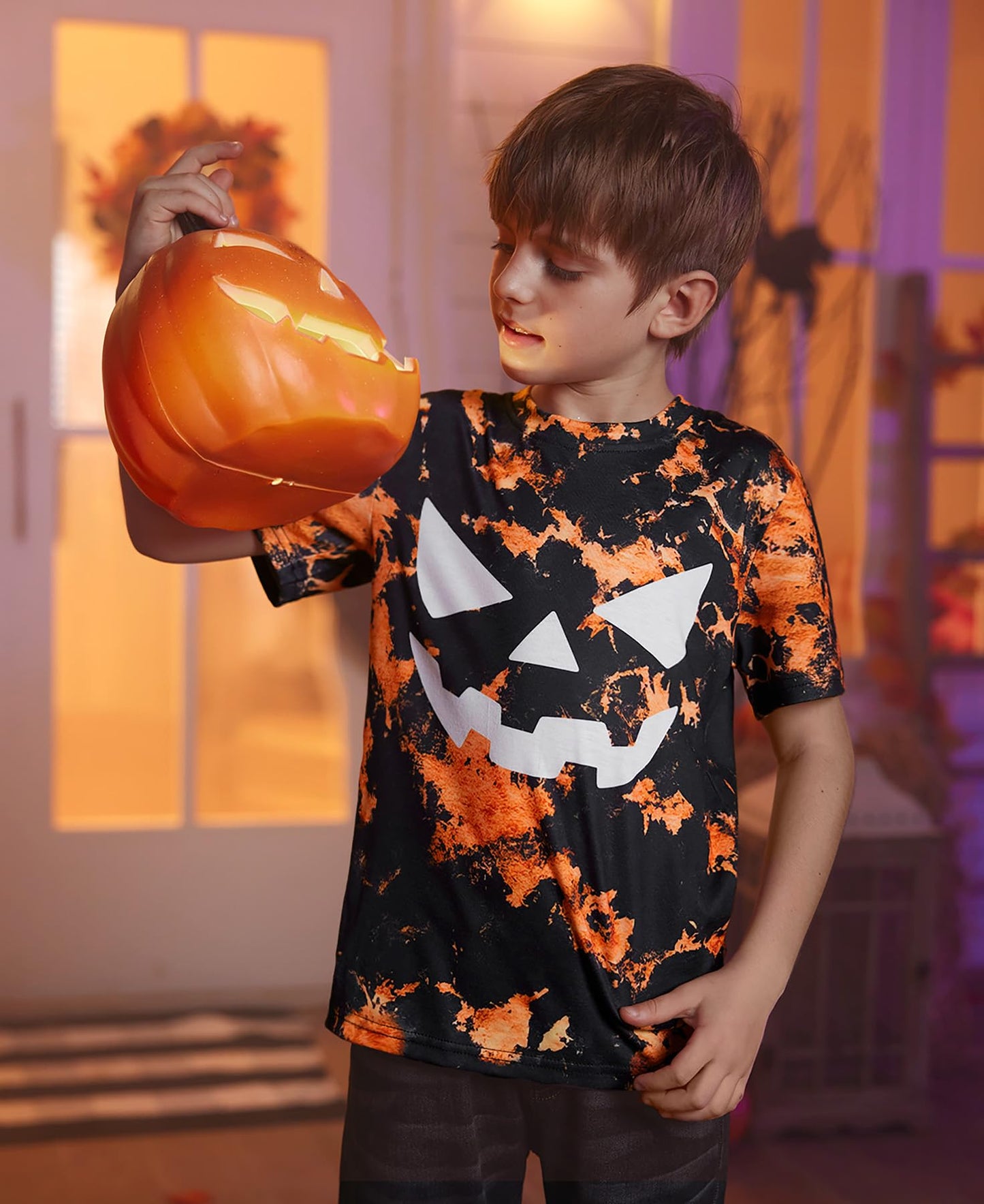 Halloween Girls Orange Tie Dye Pumpkin Face Jack O' Lantern Tee Round Neck Funny Tshirt 12 Years