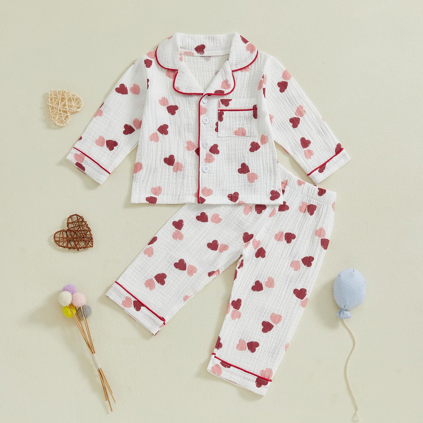 Nokpsedcb Toddler Boy Girl Valentines Pajamas Cute Heart Print Long Sleeves Shirt And Elastic Pants Loungewear Sleepwear (Red He