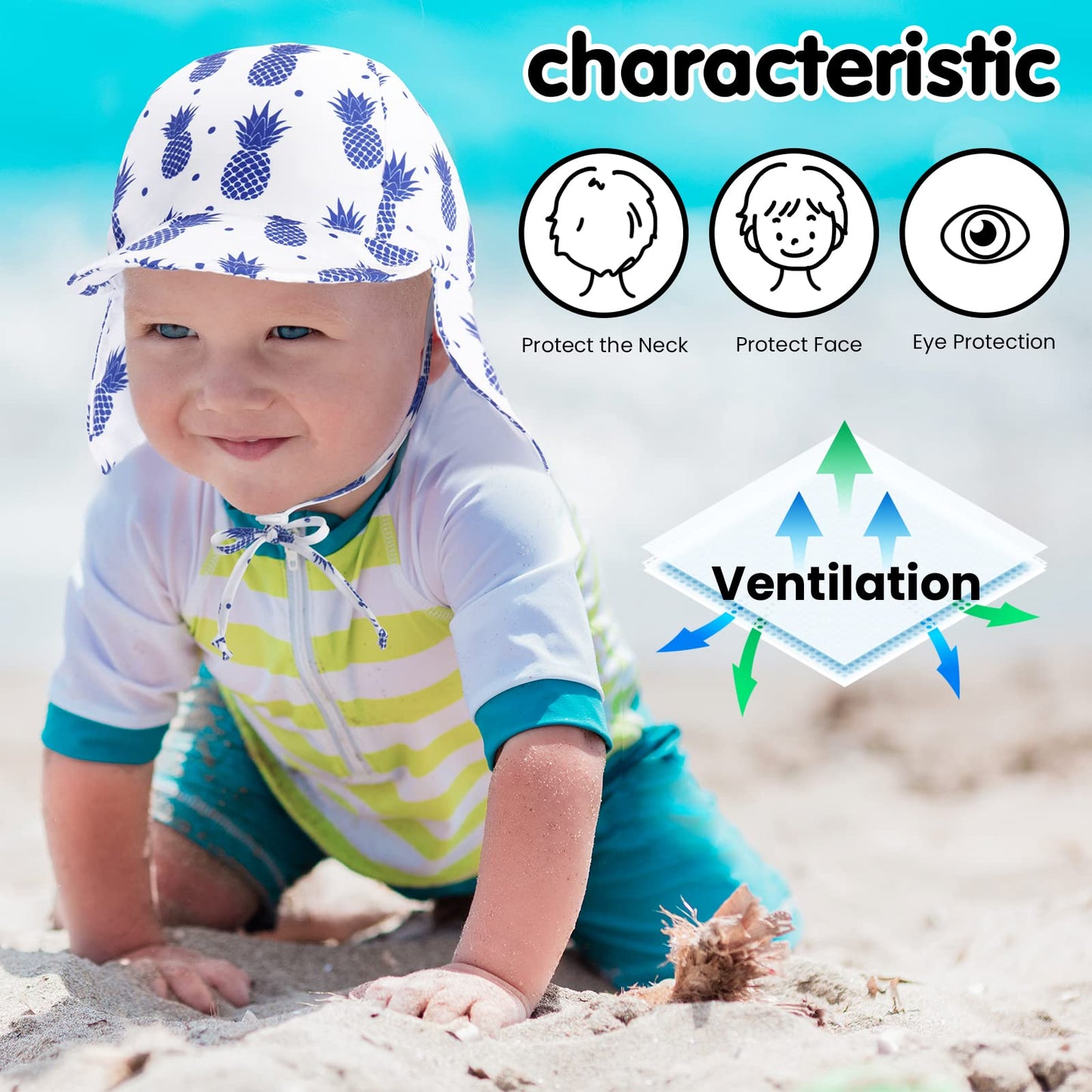 Simplikids Toddler Beach Hat Upf 50+ Uv Ray Sun Protection Newborn Hat W/Neck Flap Baby Sun Hat For Baby,Pineapple,0-12 Months