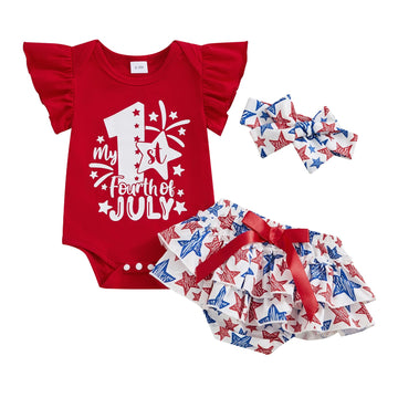 4th of July Baby Girl Outfits First Independence Day Fly Sleeve Romper Stars Shorts My 1st Fourth of July Outfit (Red, 0-3 Month