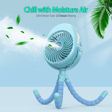 Portable Stroller Fan With Mist, Rechargeable Misting Fan With Water Spray, 270 Pivot Personal Mister Fan With Flexible Tripods