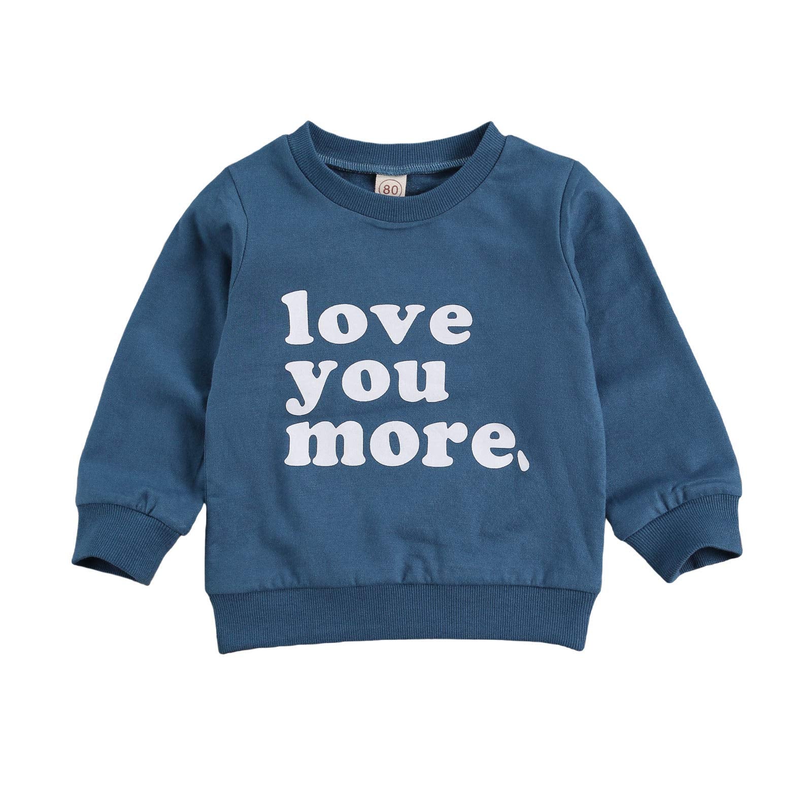 Toddler Boy Girl Valentines Day Outfit Love You More Letter Crewneck Sweatshirt Little Kids Long Sleeve Sweater Tops (Blue, 18-2