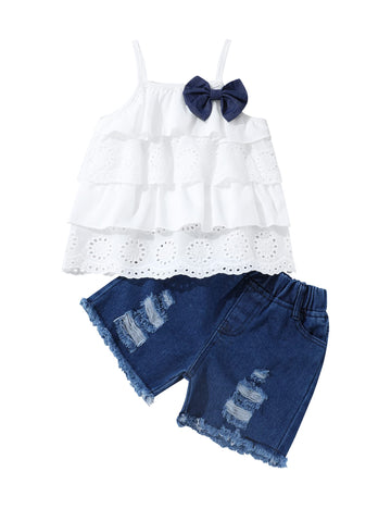 Hipea Toddler Baby Girls Clothes Ruffle Cami Polka Dot Tank Tops Casual Shorts 2-Piece Kids Short Set (Cami Laces, 6-7T)