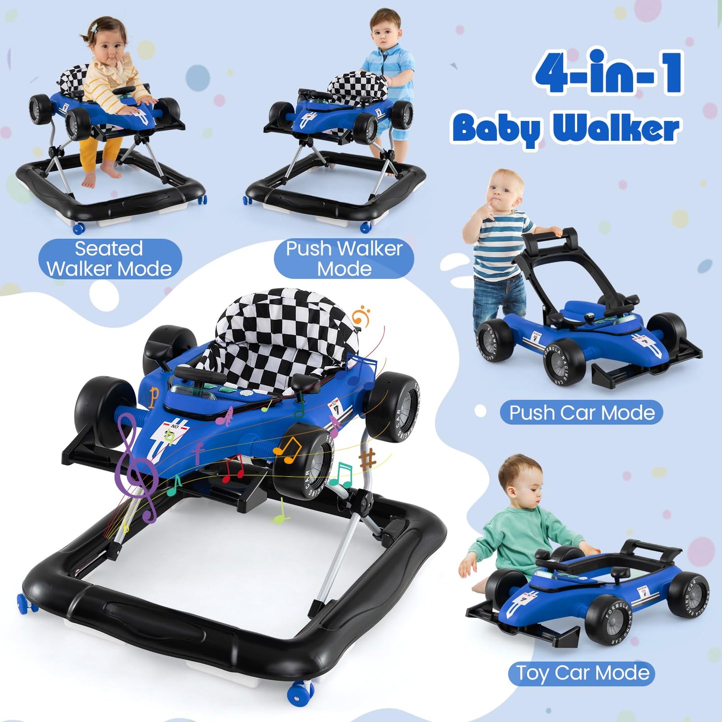 Honey Joy Baby Walker, 4-In-1 Foldable Infant Activity Push Walker, Toddler Car Walker With Adjustable Heights, Music, Lights, P