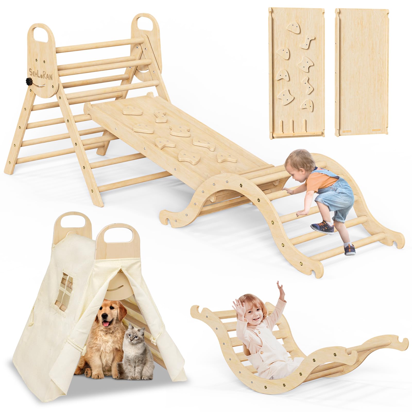 Sehloran Large Size 8 In 1 Pikler Triangle Set With Pinball Game And Tent For Kids, Foldable Toddler Climbing Toys Indoor, Natur