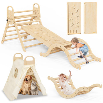 Sehloran Large Size 8 In 1 Pikler Triangle Set With Pinball Game And Tent For Kids, Foldable Toddler Climbing Toys Indoor, Natur