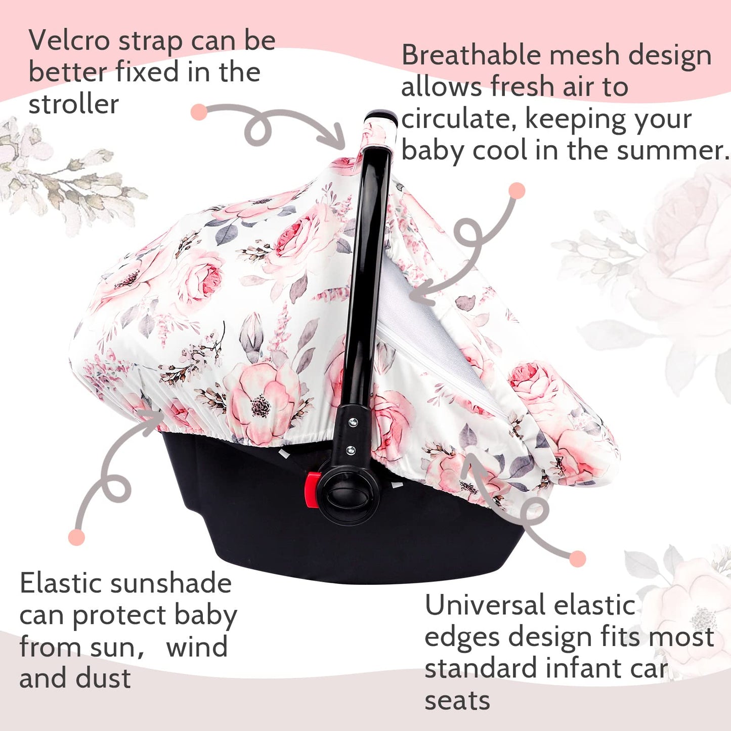 Carseat Cover Girls, Floral Baby Carseat Canopy With Zipper Mesh, Infant Stroller Cover, Watercolor Pink Flower