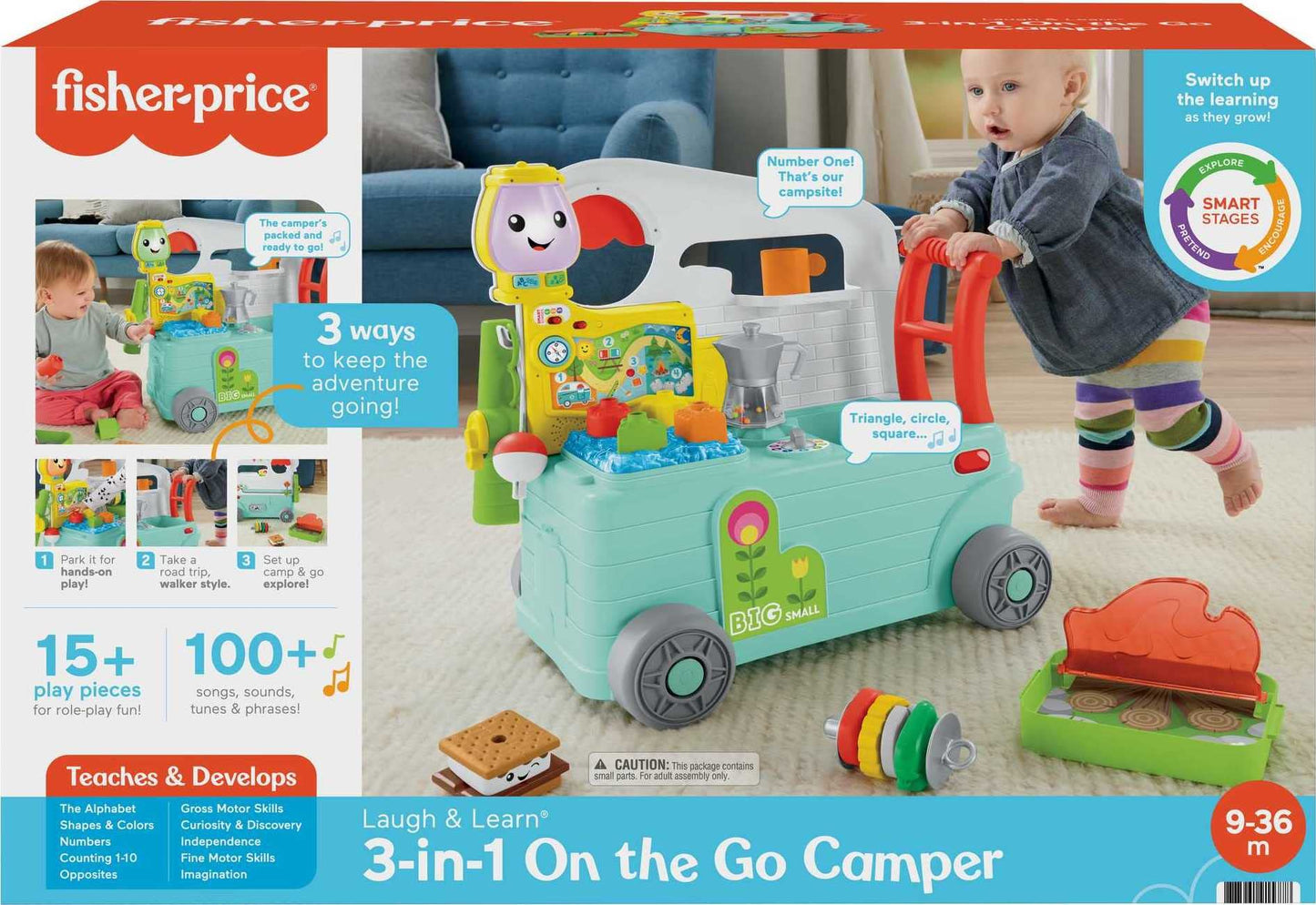 Fisher-Price Baby Learning Toy Laugh & Learn 3-in-1 On-the-Go Camper Walker & Activity Center for Toddlers Ages 9+ Months