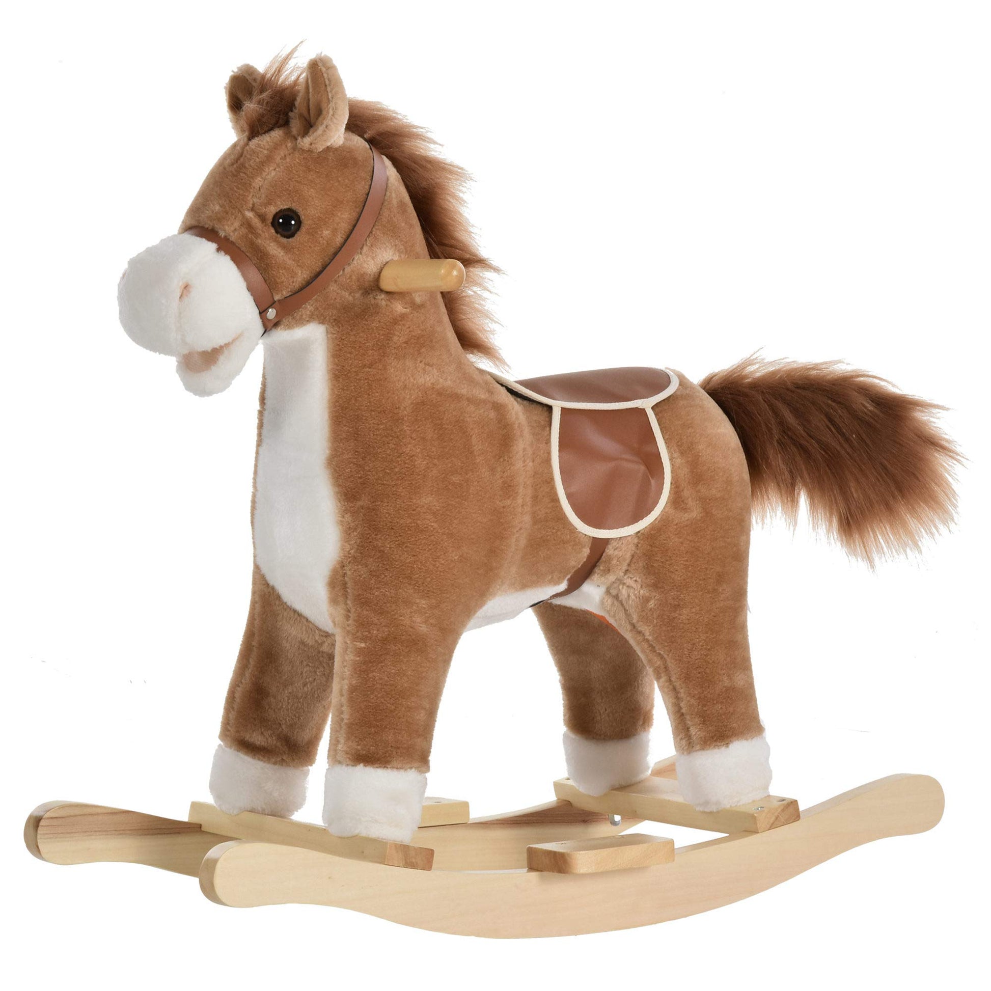 Qaba Rocking Horse Plush Animal on Wooden Rockers, Baby Rocking Chair with Sounds, Moving Mouth, Wagging Tail, Brown