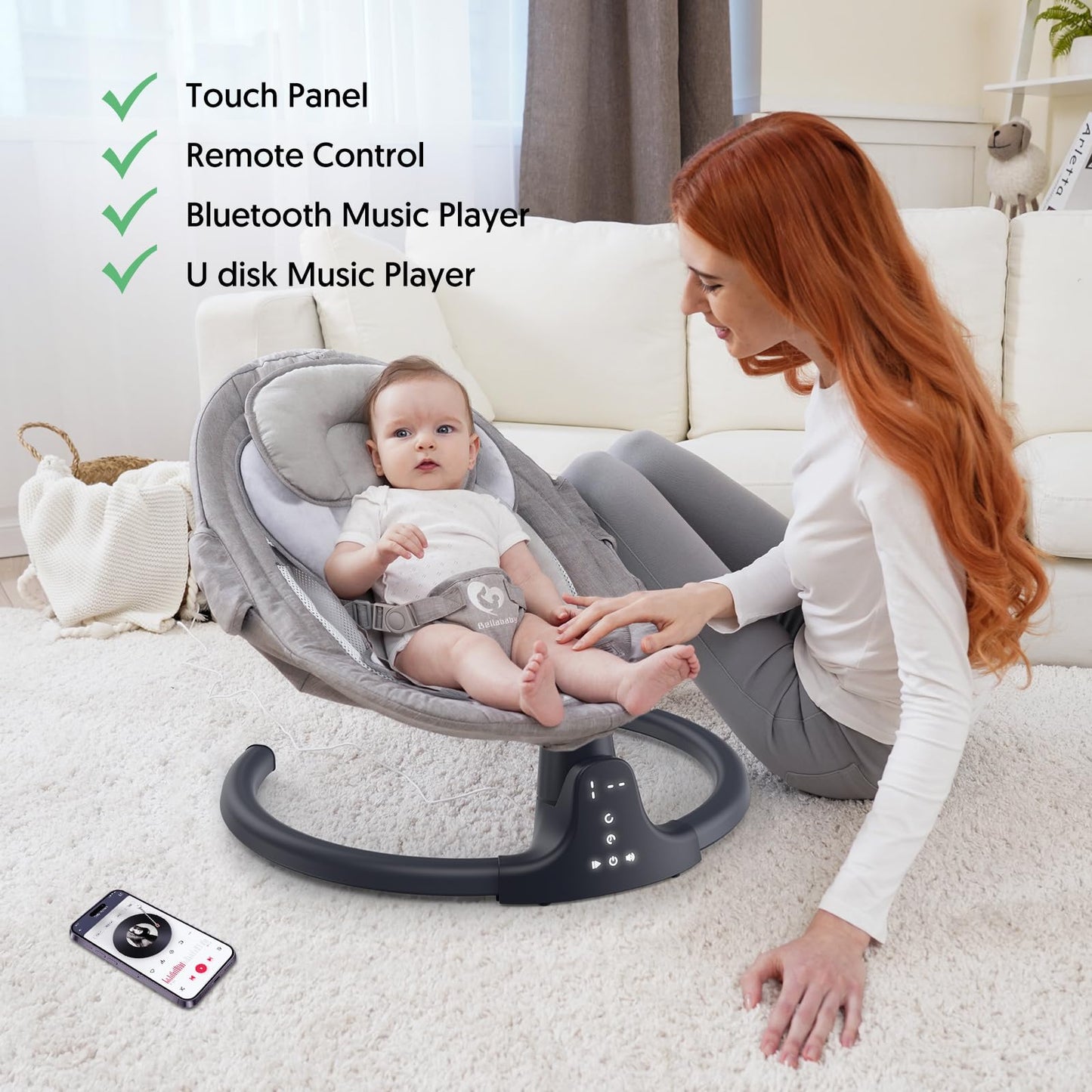 Bluetooth Baby Swing For Infants, Compact & Portable Baby Rocker, 3 Seat Positions, 5 Swing Speed, 10 Lullabies, Remote Control,