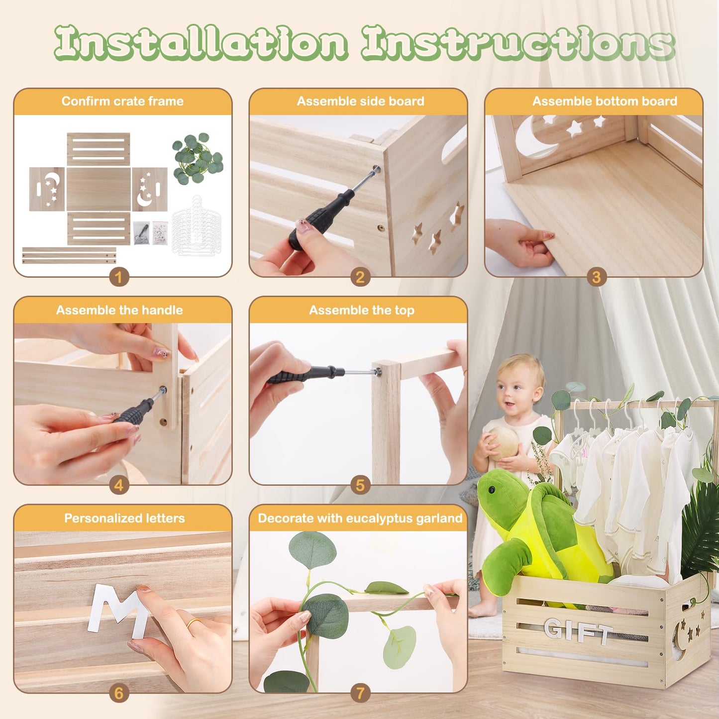 Wooden Baby Shower Crate Closet, Baby Shower Basket With Handle & Rack Hangers & Garland & Letter Cards Wooden Crate For Baby Sh