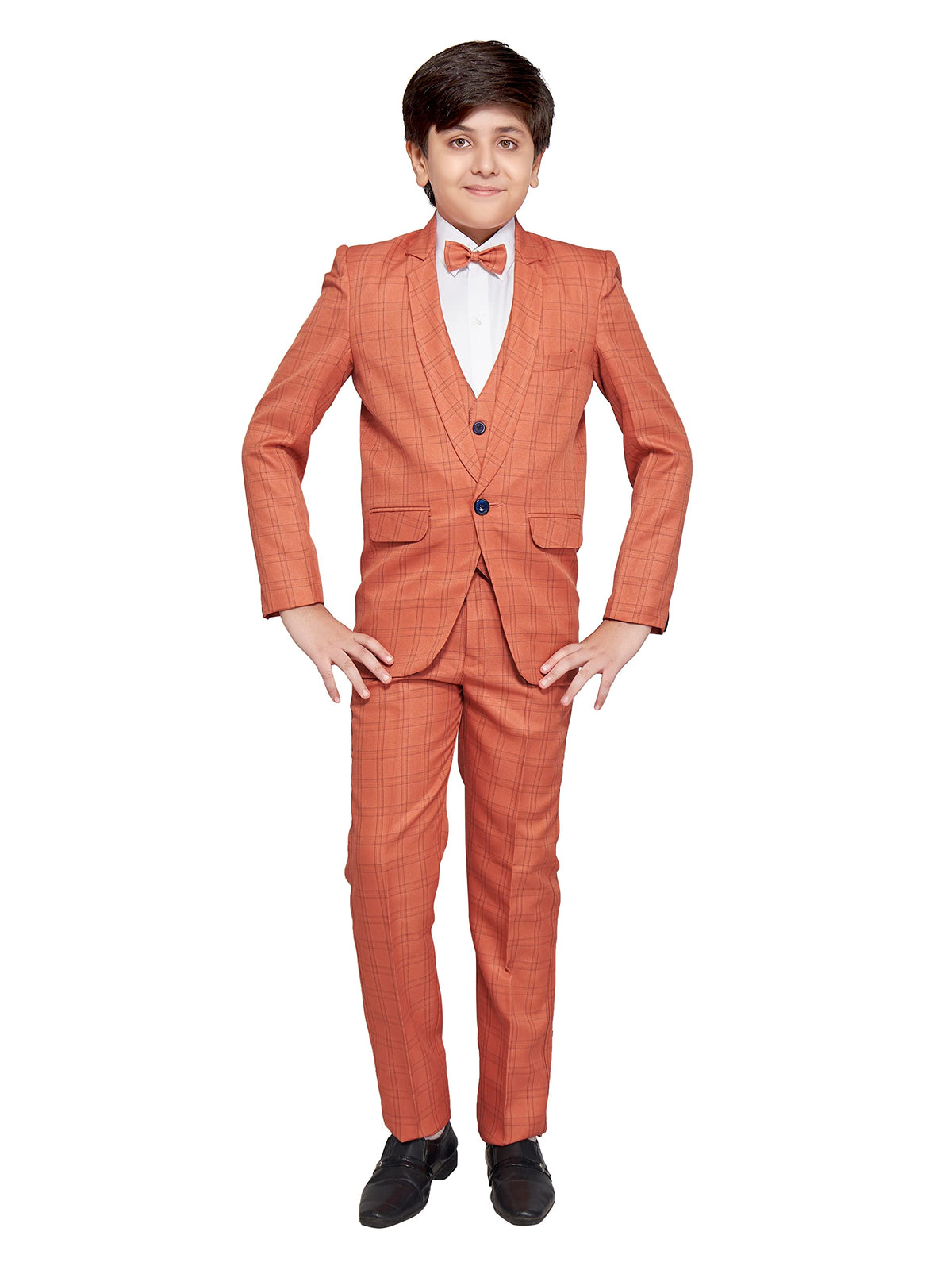 Jeetethnics Boys Peach Checked Coat Suit Set With Waistcoat Shirt And Trousers (9095A)