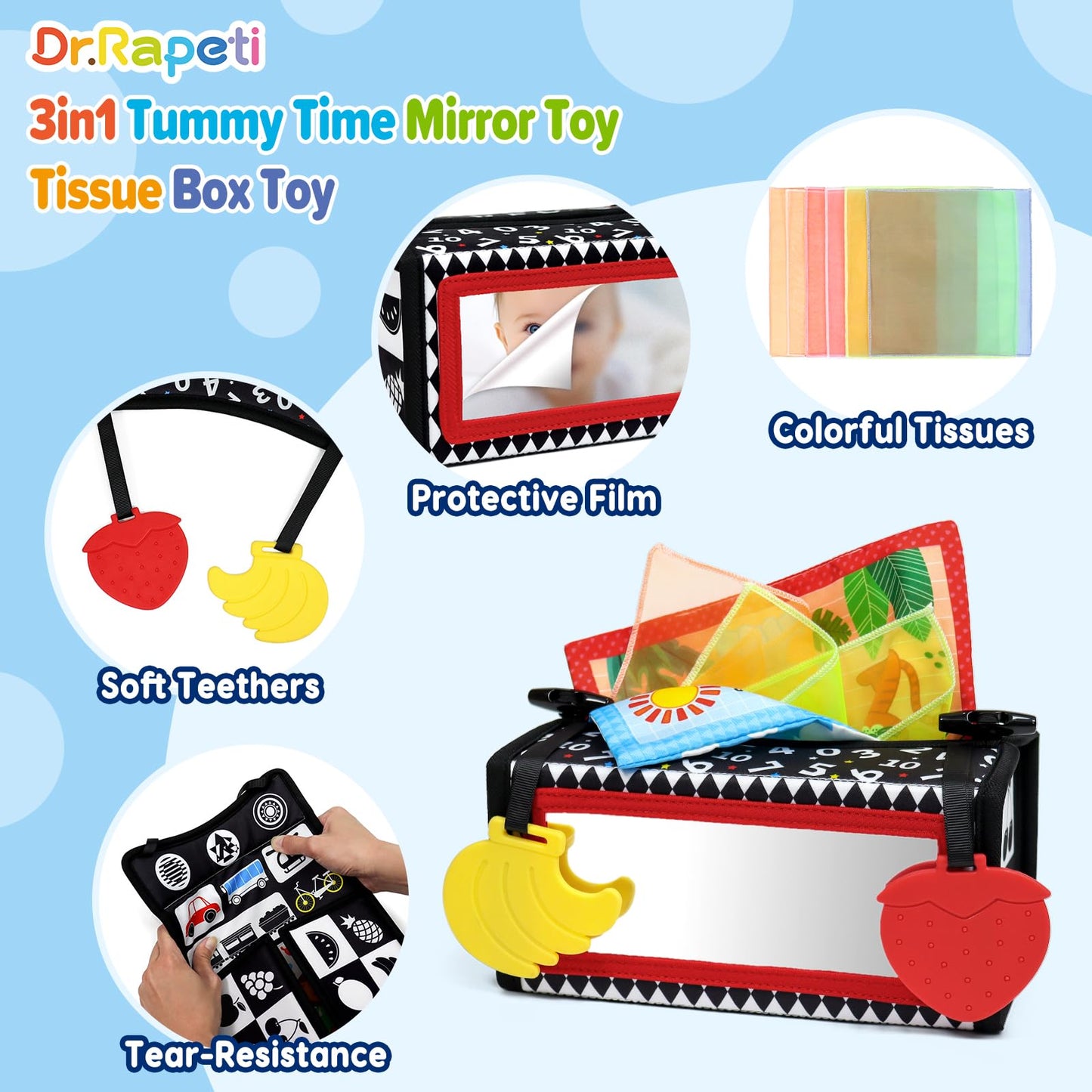 Dr.Rapeti Tummy Time Mirror Toy Tissue Box Toy 3in1 Baby Toy Black and White High Contrast Double-Sided Foldable Sensory Montess