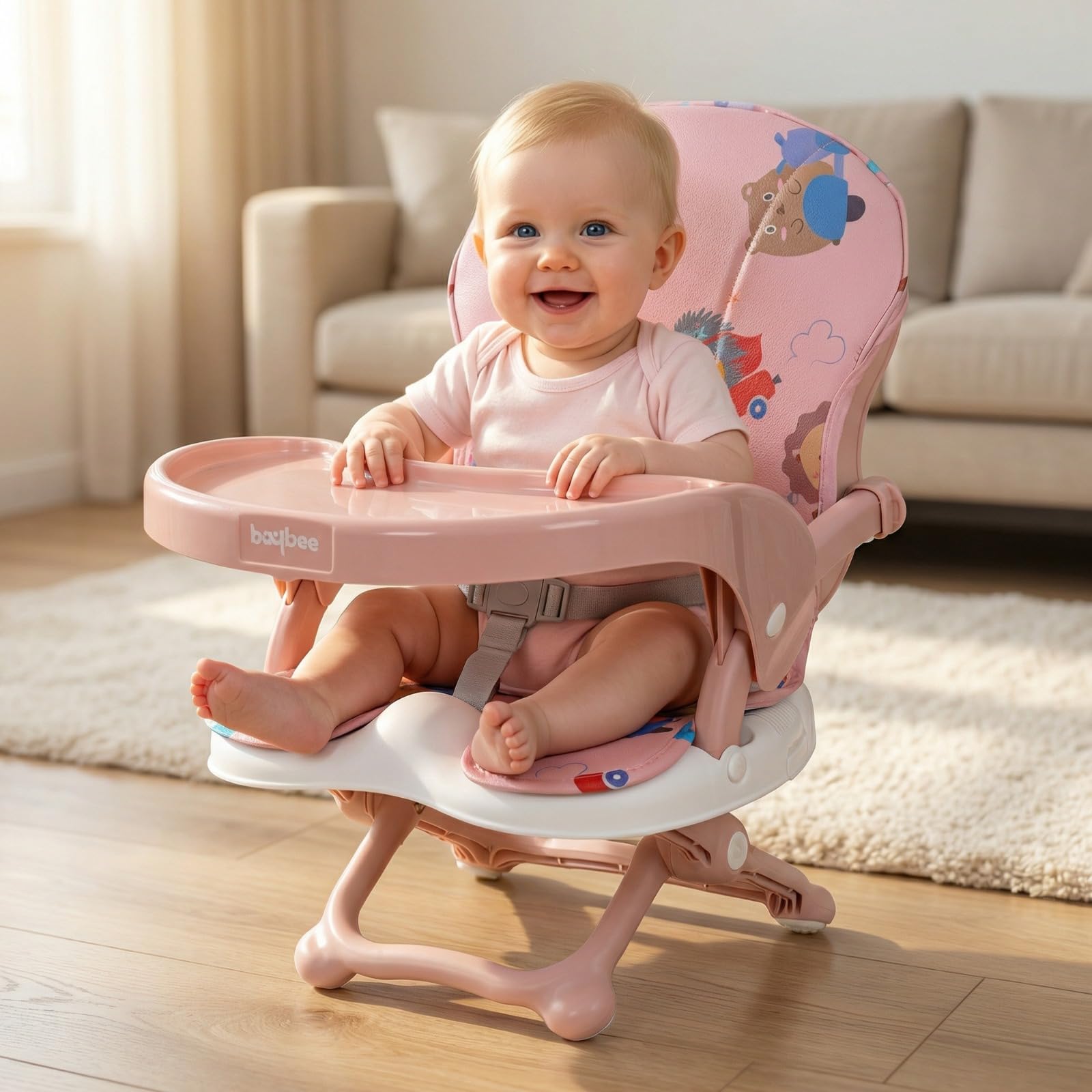 Baybee Portable Baby Booster Chair For Feeding | Folding Dining Chair For Baby With 2 Level Height Adjustable, Feeding Tray, Saf