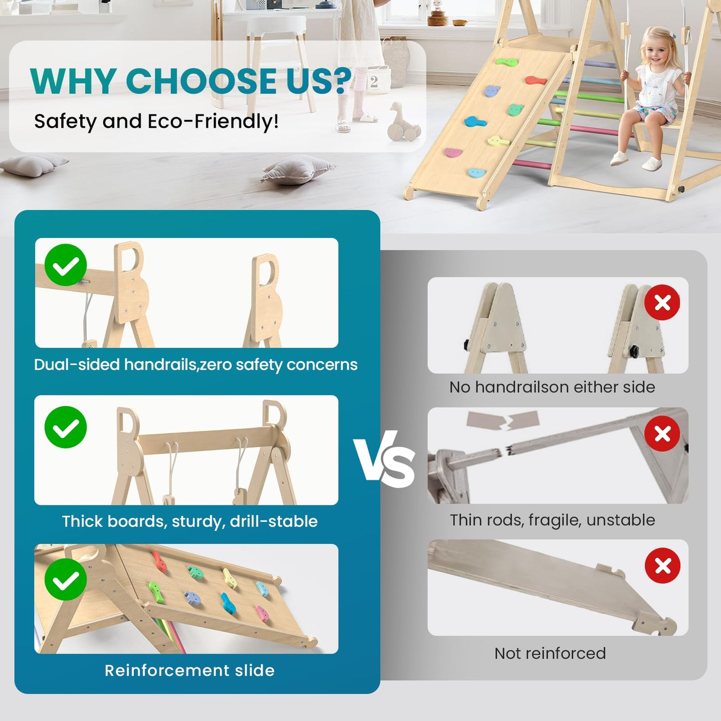 Bluewood 4 In 1 Indoor Jungle Gym, Foldable Wooden Climbing Set With Swing, Slide, Ladder And Climbing Wall, Montessori Philosop