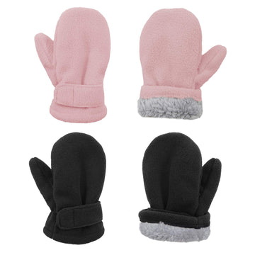 2 Pairs Toddler Mittens Unisex Lined Fleece Gloves Winter Warm Kids Mitten For Baby Boys And Girls Black&Pink