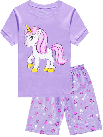 Little Girls Summer Pajamas Unicorn Short Sleeve 100% Cotton Sleepwear 2 Pieces Toddler Pjs Children Clothes Kids Jammies Sets S