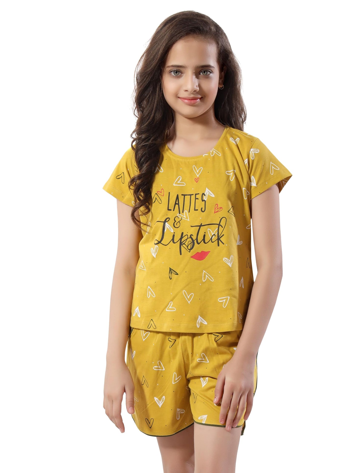 AV2 Girls Cotton Printed Night Suit Shorts Set Yellow 1415 Years 6639