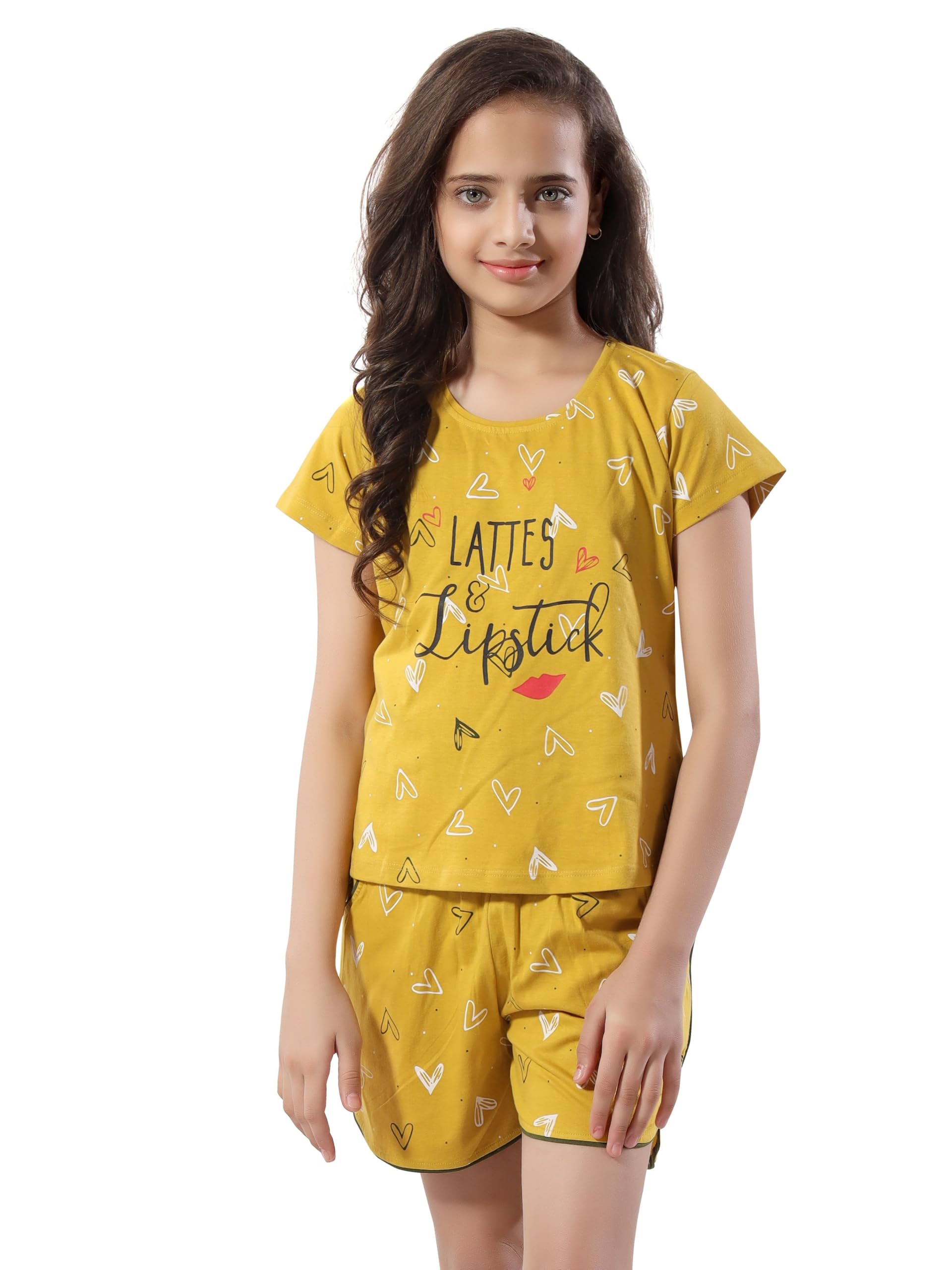 AV2 Girls Cotton Printed Night Suit Shorts Set Yellow 1415 Years 6639