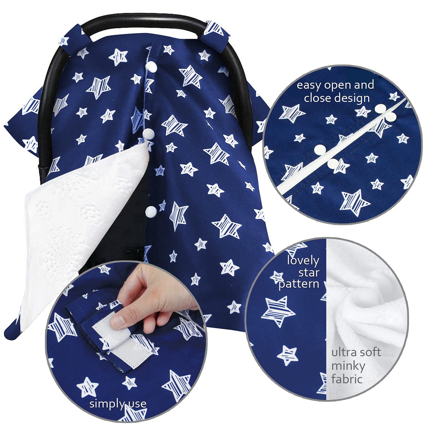 Moonsea Baby Carseat Canopy Nursing Cover, Car Seat Canopy For Girls Or Boys, Navy Star Print Infant Car Seat Canopy With Soft M