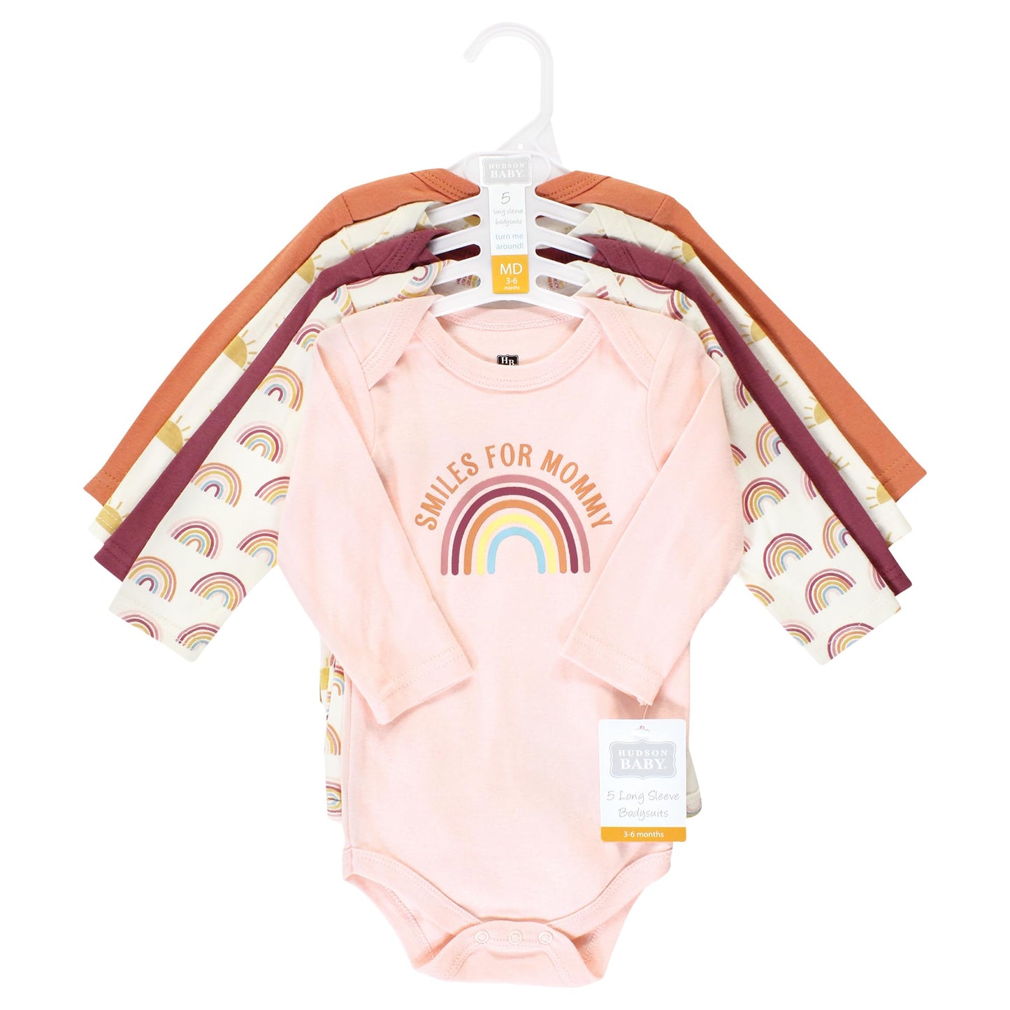 Hudson Baby Unisex Baby Cotton Long-Sleeve Bodysuits, Sunshine Rainbows 5-Pack, 9-12 Months
