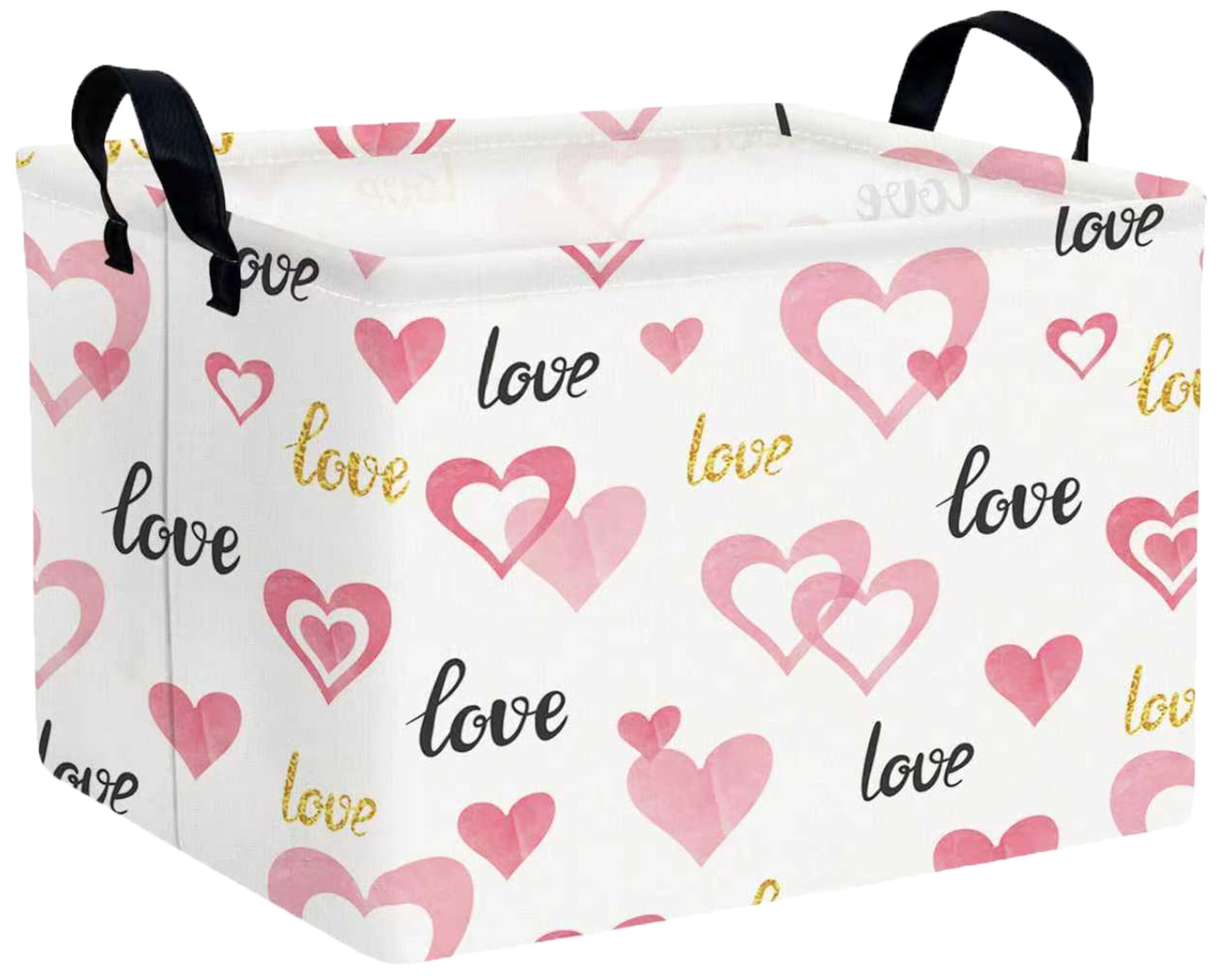 BOOHIT Valentines Day Basket for Kids Heart Shaped Empty Storage Bins for Gifts with Handles Room Decor (Pink Double Love Golden