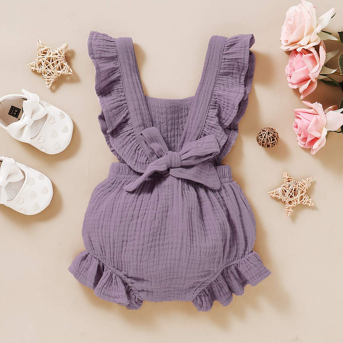 Younger Tree Toddler Baby Girl Ruffled Sleeveless Romper Casual Summer Jumpsuit Cotton Linen Clothes (Light Purple, 6-12 Months)