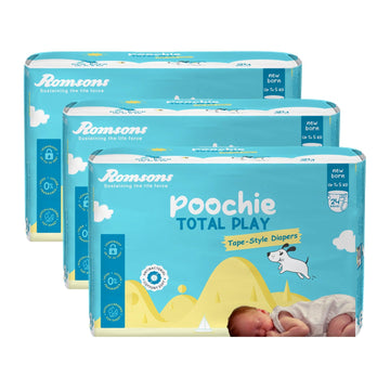 Romsons Poochie Total Play Newborn Tape Style Baby Diapers  72 Pieces | Suitable For Up To 5 Kg | Antibacterial | Cottony Soft 