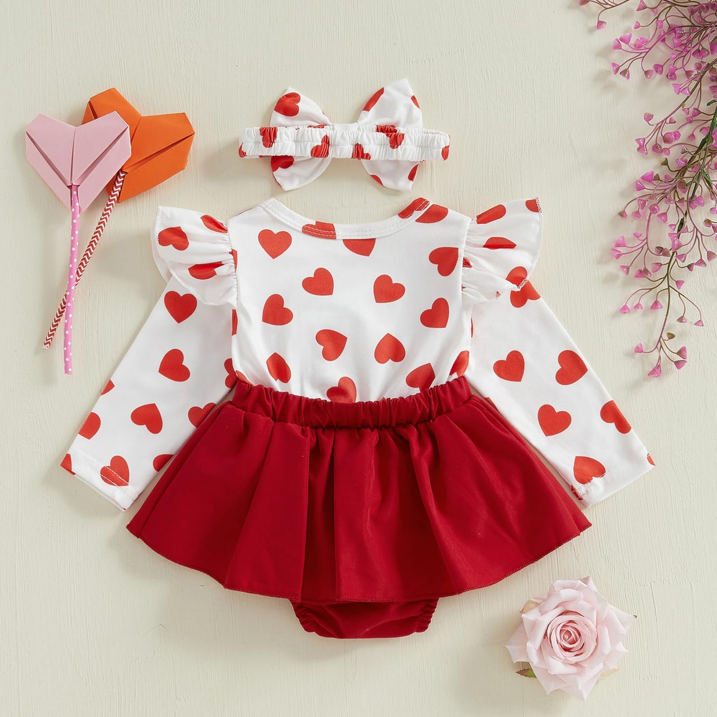 Lagkiyoj Newborn Baby Valentines Day Outfit Baby Girl Romper Ruffle Long Sleeve Ribbed Valentines Dress With Headband (Heart Red
