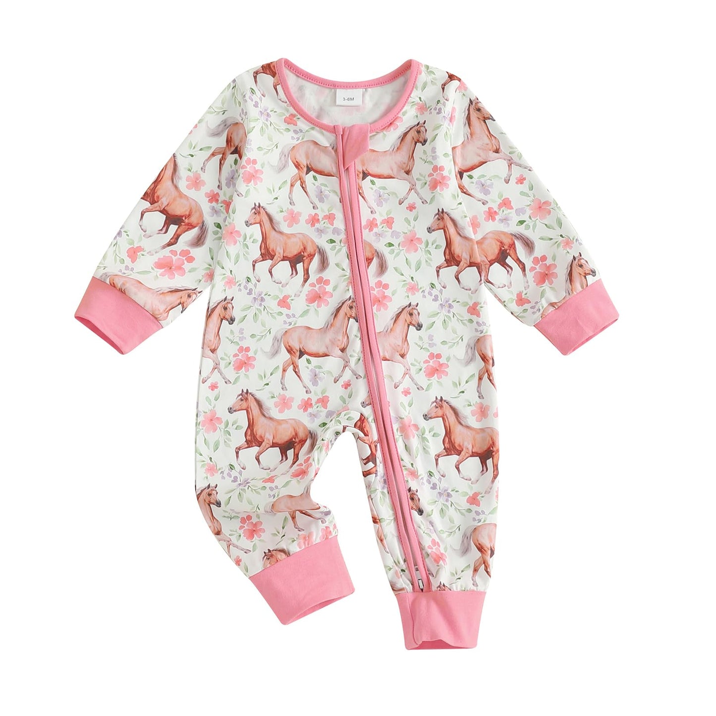Lefyira Western Baby Girl Clothes Horse Print Cow Romper Zipper Long Sleeve Jumpsuit Infant Cowgirl Outfit Fall Clothes (Horse p