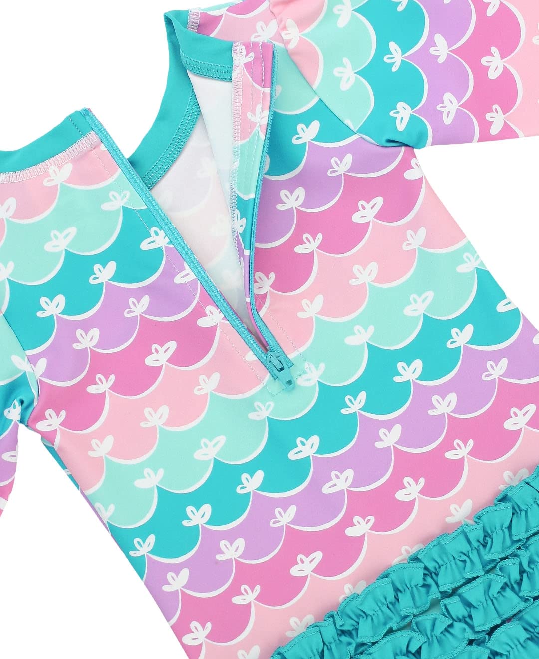 RuffleButts Baby Girls UPF 50+ Sun Protection Novelty Print Long Sleeve One Piece Rash Guard Swimsuit with Zipper - Mermaid/Aqua