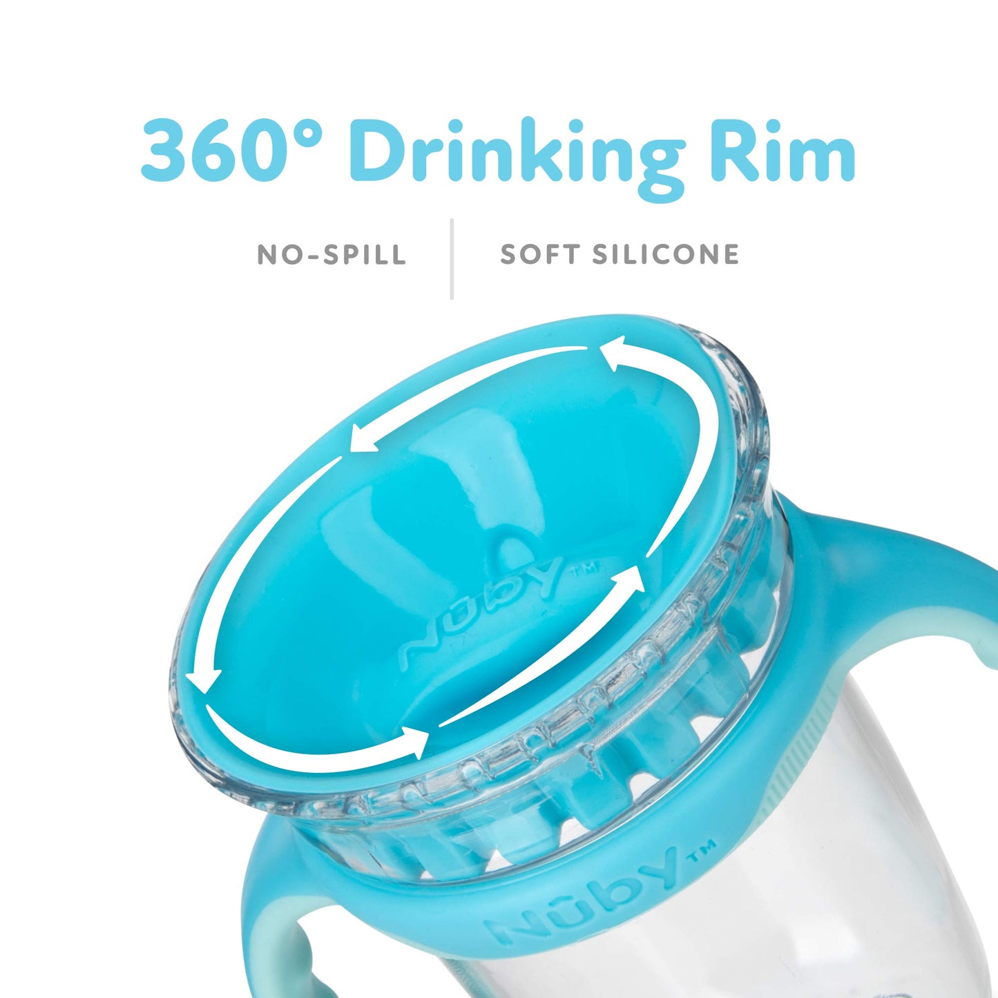 Nuby 360 Edge 2 Stage Drinking Rim Cup With Removable Handles & Hygienic Cover: 10 Oz/ 300 Ml 12M+ Space Aqua 80809
