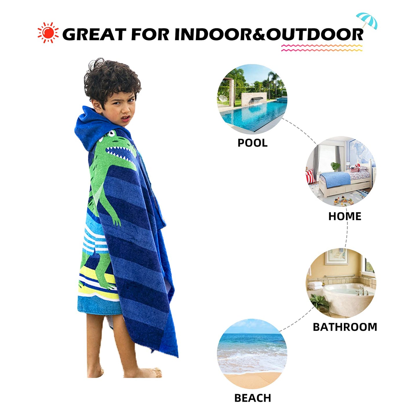 Bangsaur Kids Hooded Beach Bath Towels, 100% Cotton 50'X30' Wrap Blanket, Toddlers Boys 3-12 Years Coverup Towel White Shark