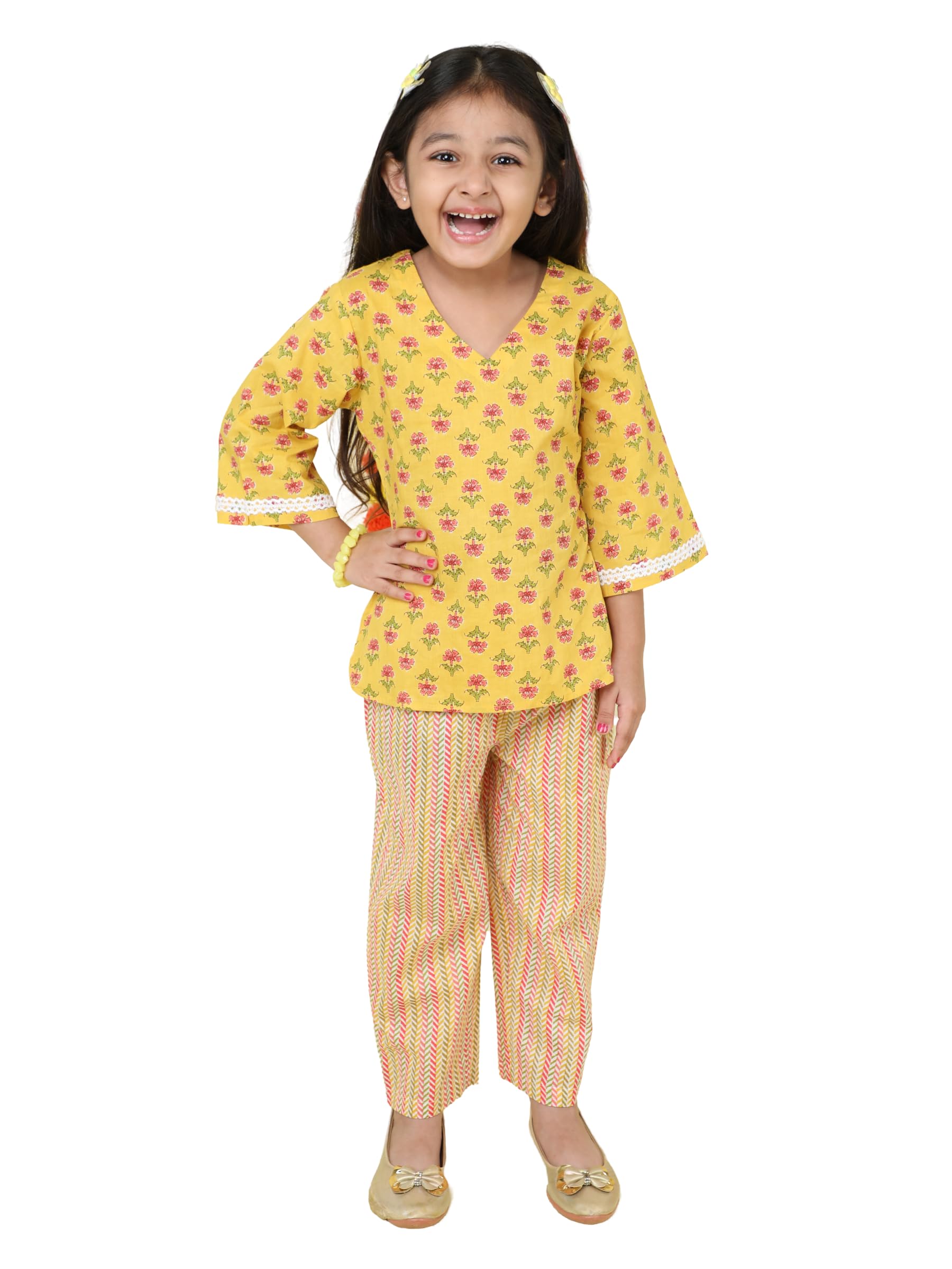 The Magic Wand Cotton Night Suit for Girls 3/4 Sleeves Baby Kids Flora Print Top & Pant Set Sleepwear Night Dress co ord Set, Ni