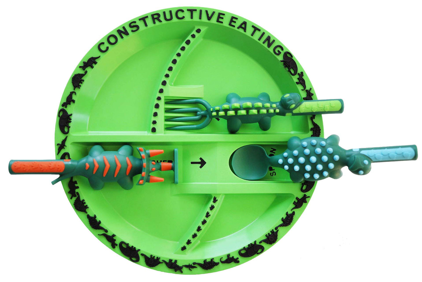 Constructive Eating Made In Usa Construction And Dinosaur Combo With 2 Utensil Sets And 2 Plates For Toddlers, Infants, Babies A